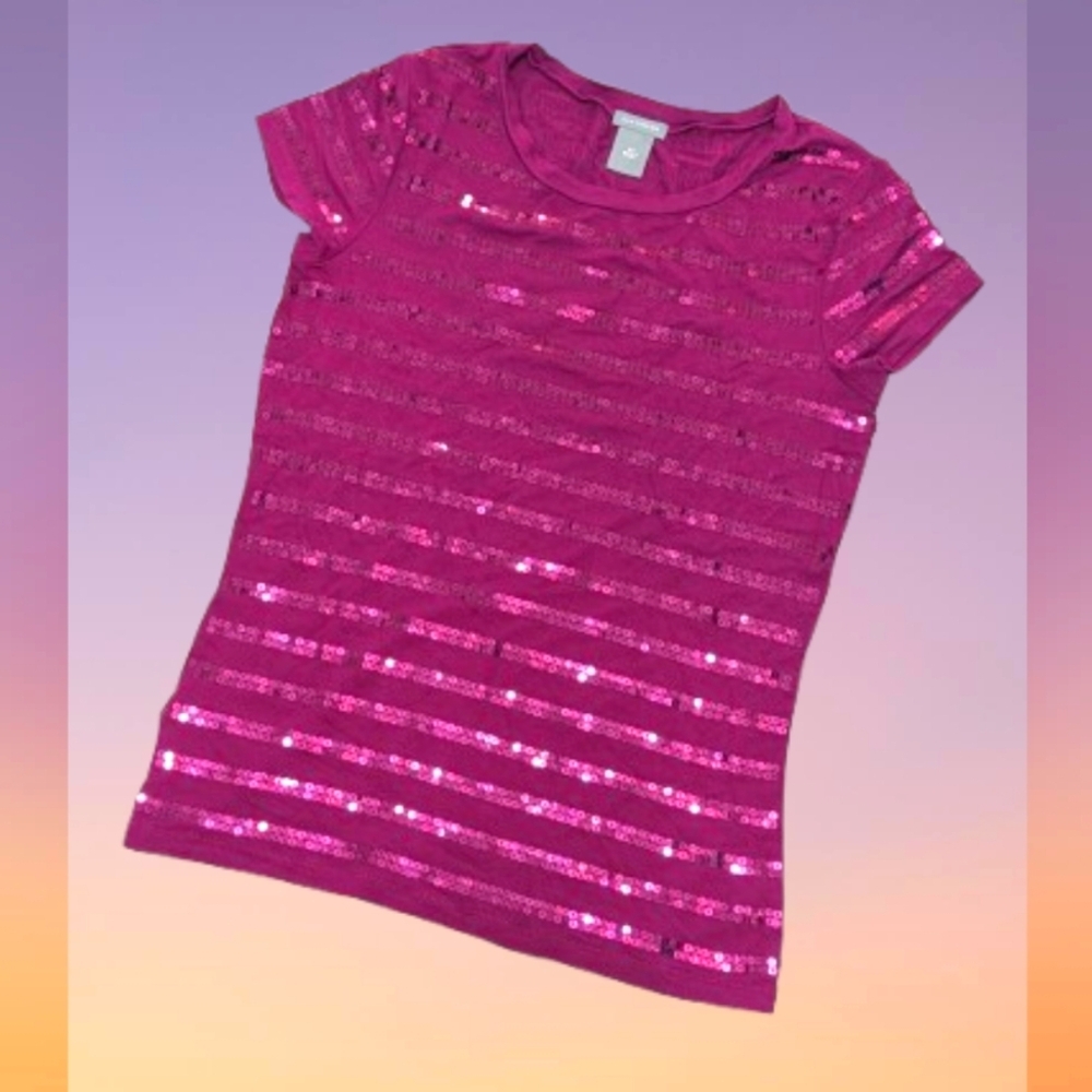 Ann Taylor Plum Pink Sequin Short Sleeve Top  Women's Size XS